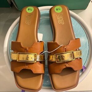 Franco Sarto Cognac Leather Slide Sandals with Gold Buckle